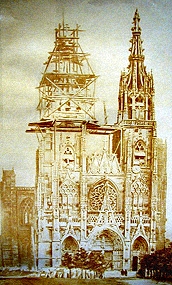 La reconstruction de la tour nord. Photographie d'époque - reproduction interdite.